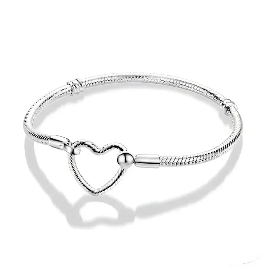 Classic 925 silver Snake Chains Charm Heart Bracelet Original 17-20CM Zircon Bracelets Fit DIY  Women Birthday Jewelry Gifts