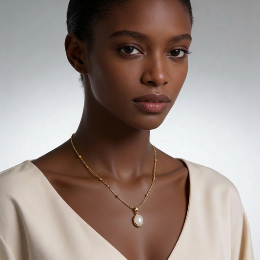 Collier Elara Médaillon Ovale Nacré – Acier Inoxydable Plaqué Or Femme